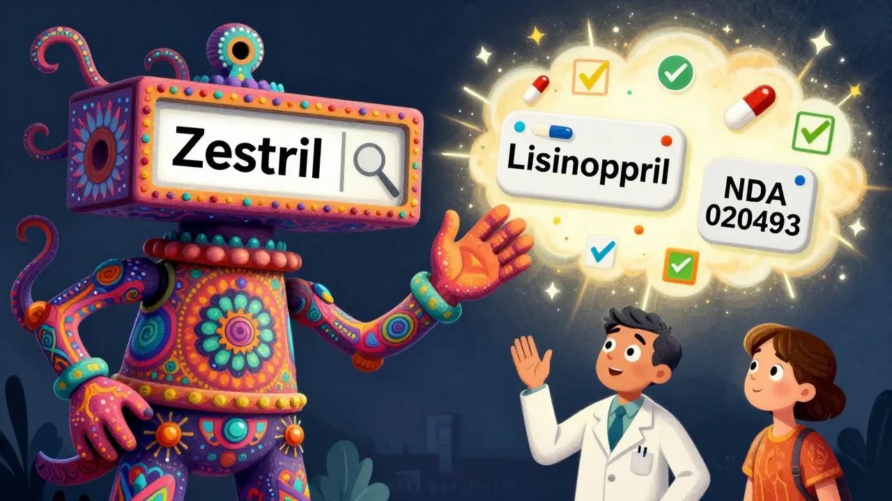 A giant search box with tentacle arms reaches toward drug names as approval symbols glow in the air.