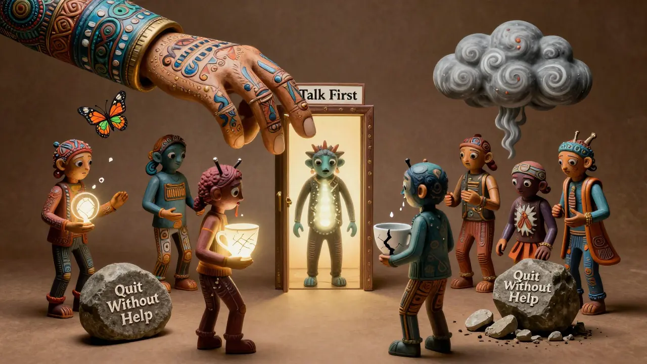 A group of people with fantastical symptom creatures being guided toward talking to a doctor instead of quitting medication.