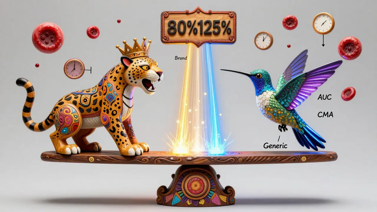 A mythical scale balancing brand and generic drug creatures with AUC and Cmax light streams.