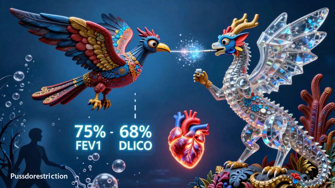 A patient breathing into a feathered spirometer bird while a dragon measures oxygen exchange, with floating lung function numbers and a glowing heart.