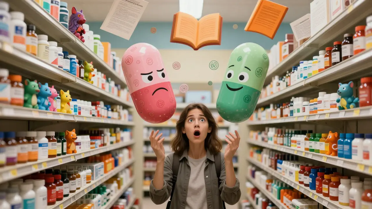 A patient shocked as two pill characters with different appearances smile and frown, surrounded by legal glyphs and spirit animals in Alebrije art.