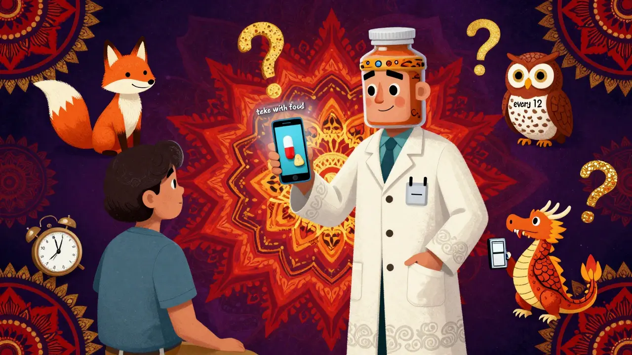 A pharmacist and patient with a hologram showing a pill taken with food, surrounded by symbolic animals representing key instructions.