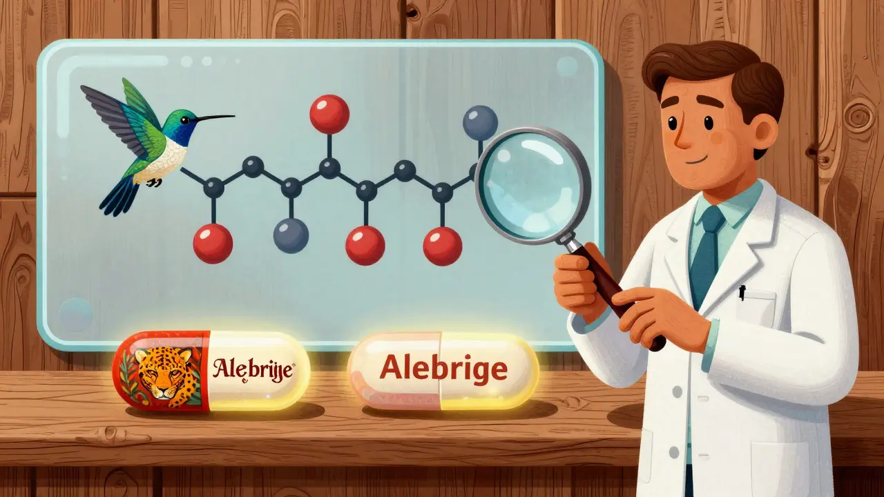 A pharmacist examining two differently colored pills with magnifying glass, both decorated with mythical creature patterns in Alebrije style.