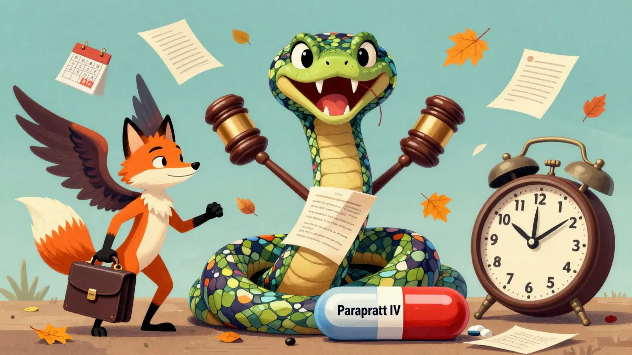 A serpent made of patents faces a brave fox with legal documents, as a 30-month clock ticks down.