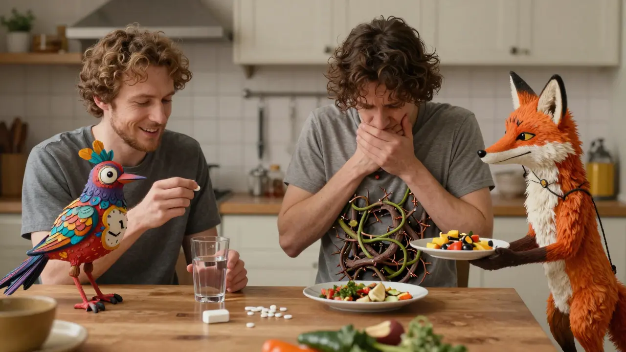 A split scene showing medication timing adjustment with a clock bird and a thorny vine being calmed by a fox offering food.