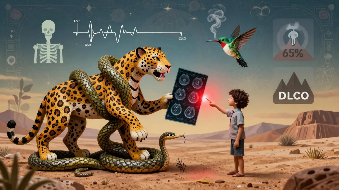 A tapestry of animal symbols representing spirometry and DLCO, with a patient pointing to a low reading as warning signs float around them.
