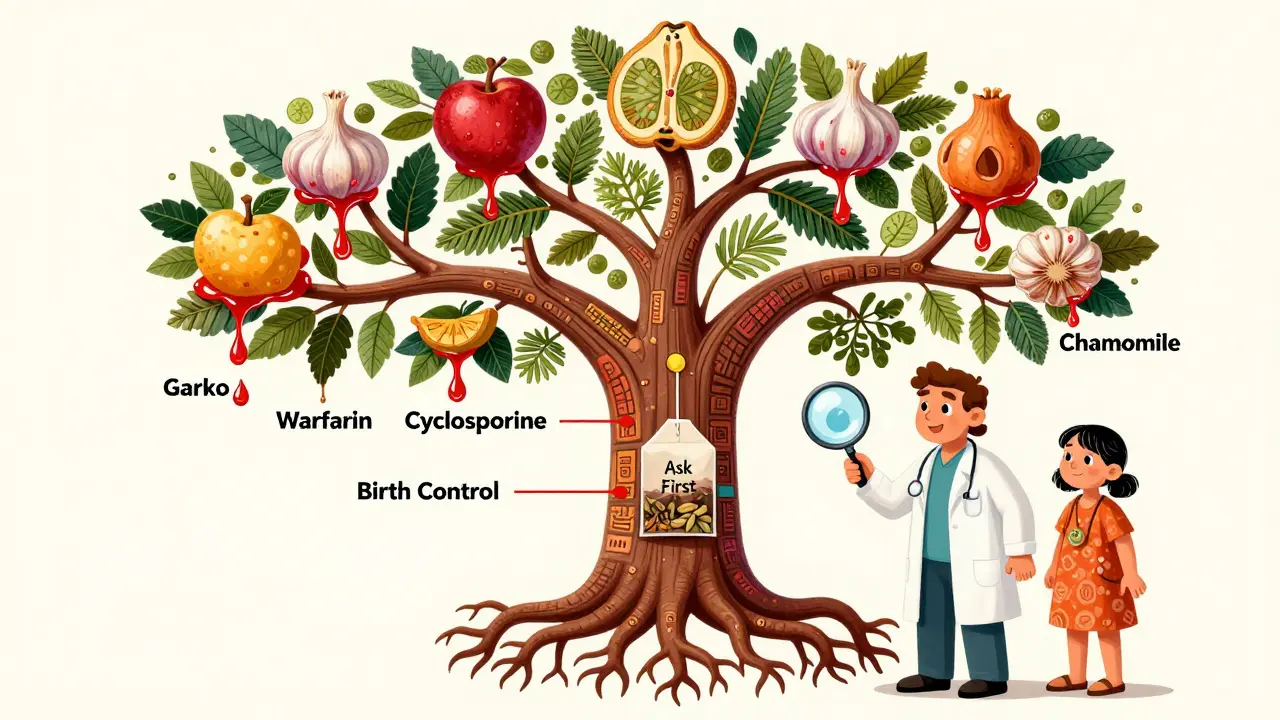 A tree-shaped medical chart with herbal fruits dripping red liquid onto medication roots, watched by a doctor and patient.
