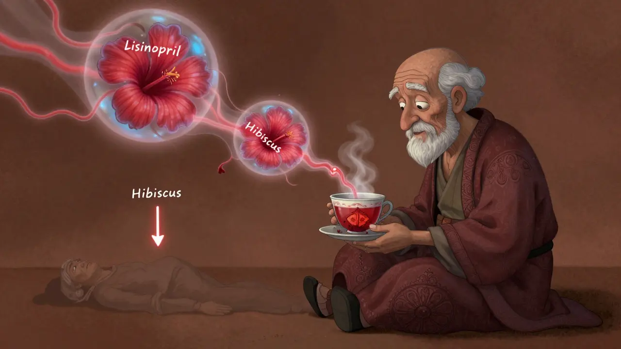 An elderly person drinking hibiscus tea while glowing blood vessels burst, symbolizing dangerous interactions.