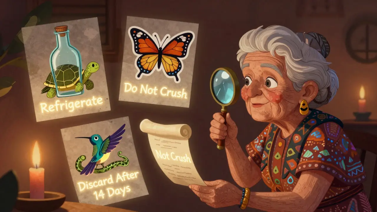 An elderly woman with a magnifying glass examining floating label panels, guided by spirit animals representing medication instructions.