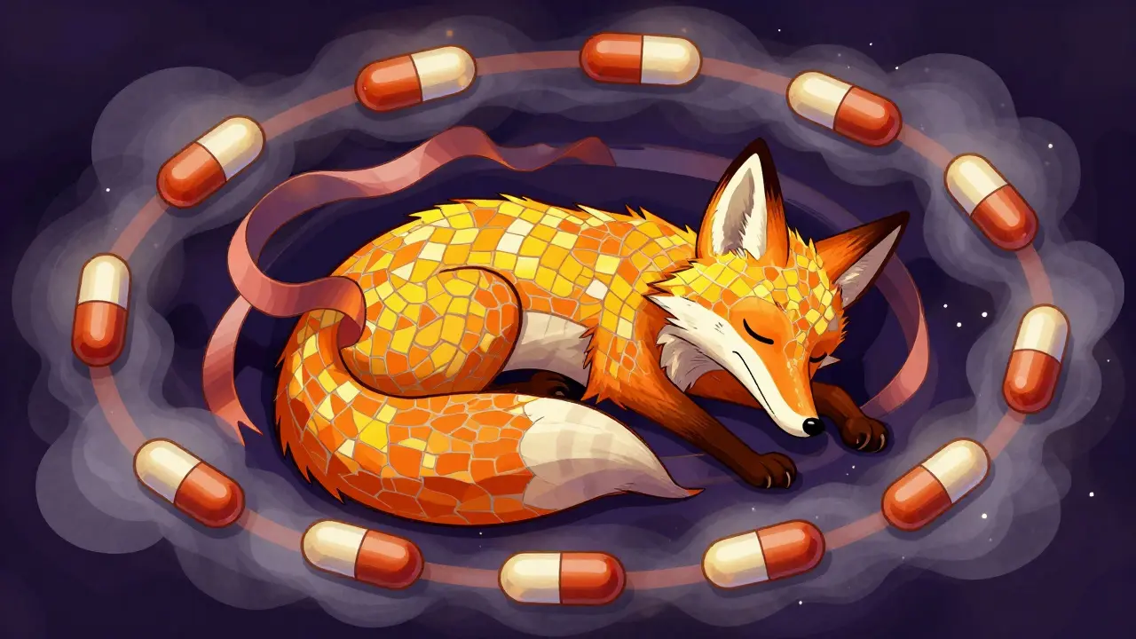 Drowsy spirit animal entangled in a loop of capsules and violet smoke.