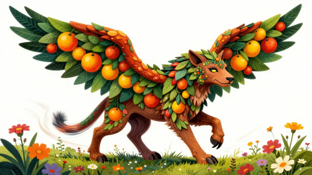 Fantasy animal made of healthy food and exercise elements.