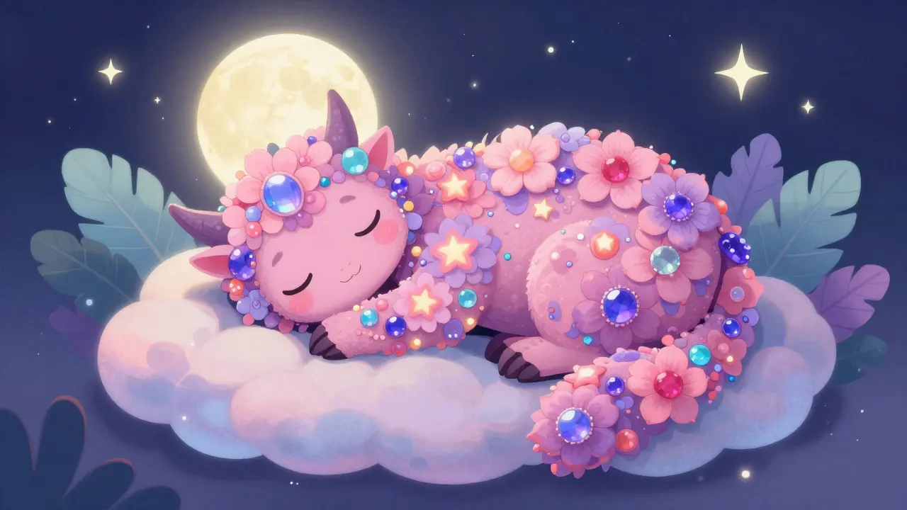Peaceful colorful creature resting on a cloud under a gentle moonlit sky.