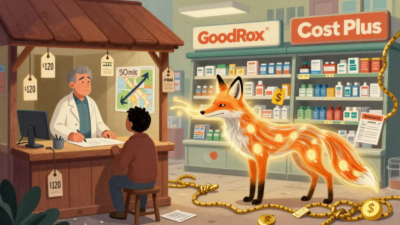 Split scene: a rural pharmacy with high prices versus an urban one with cash discounts, illustrated in vibrant alebrije style with symbolic PBM ropes and glowing payment methods.