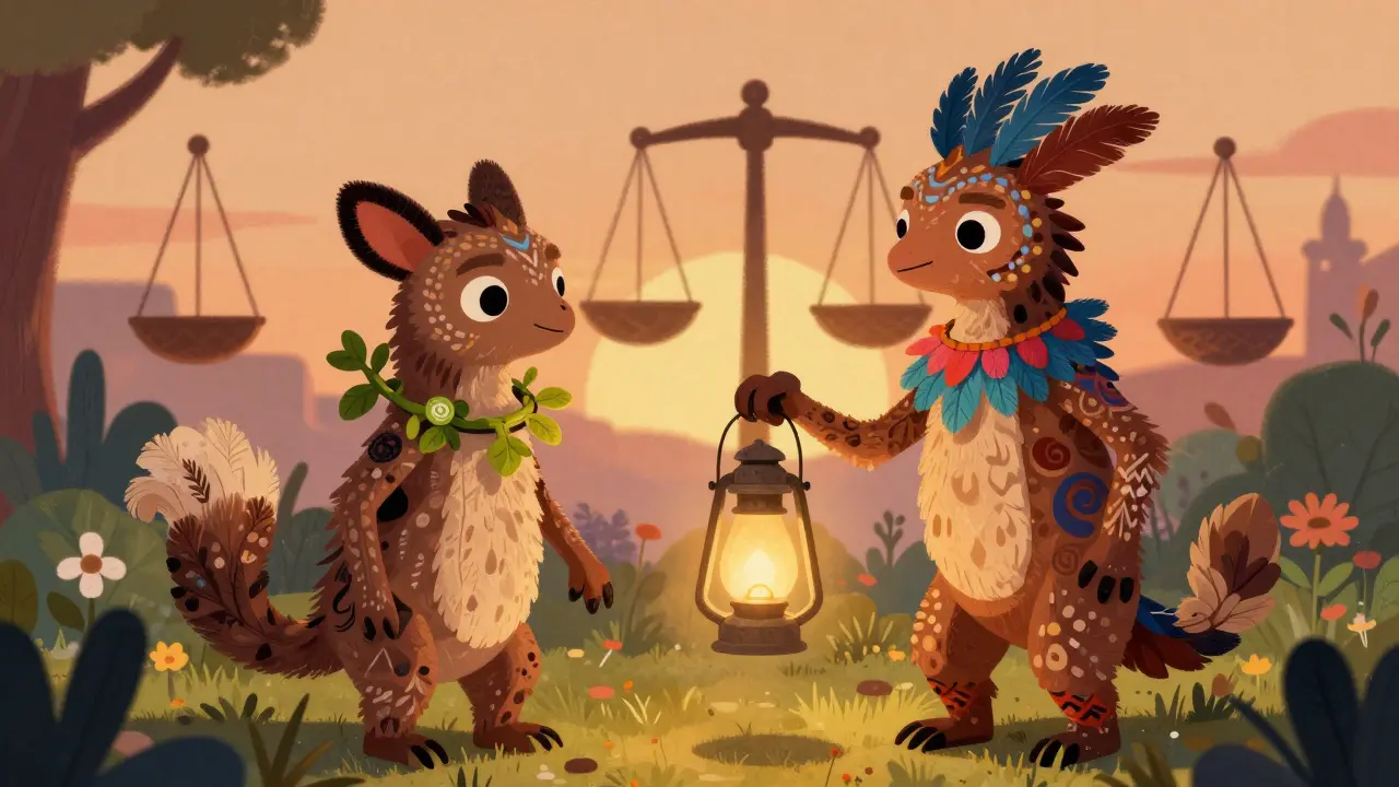 Two colorful fantasy creatures collaborating in a peaceful garden setting.