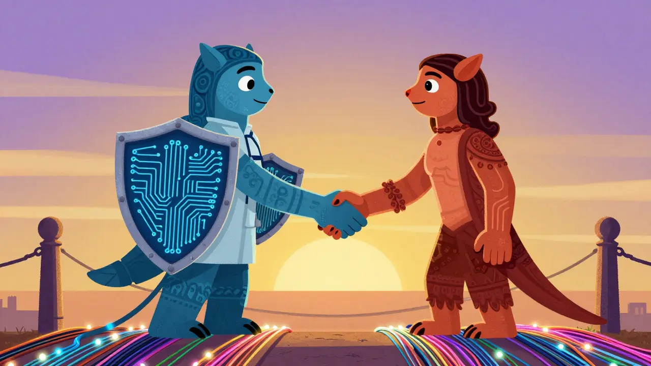 Two creatures shaking hands over a glowing bridge