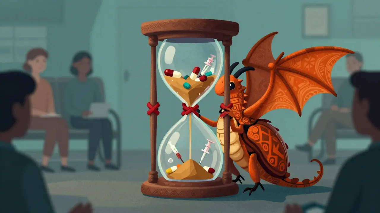 Whimsical hourglass creature with medicine inside