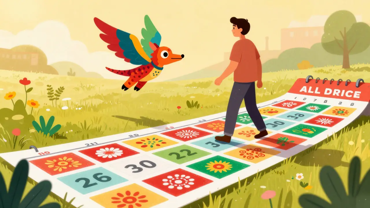 A colorful Alebrije creature flying over a patterned calendar path symbolizing a health journey.