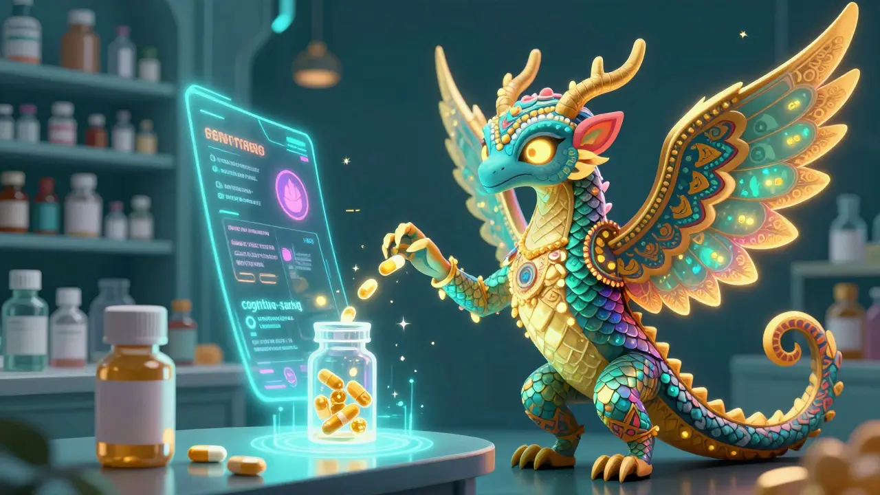 A winged Alebrije creature using a holographic AI interface to select safe medications.