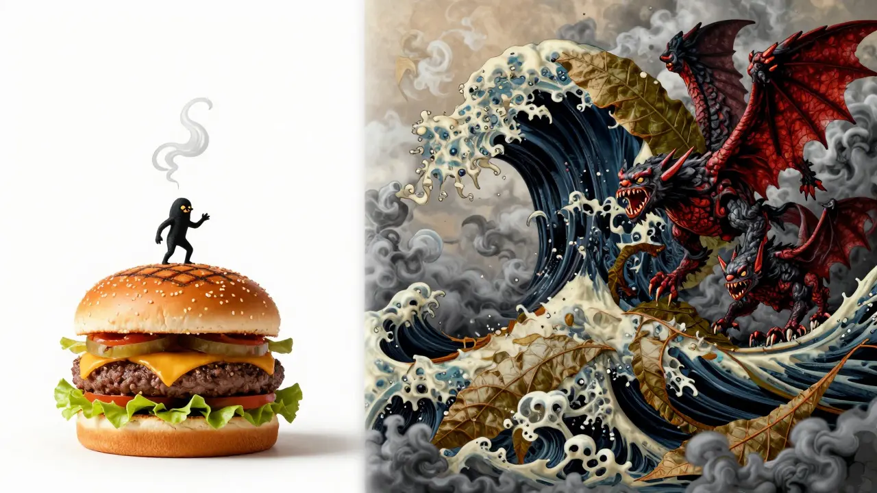 Alebrije art comparing a small grilled burger to a giant tidal wave of tobacco smoke and creatures.