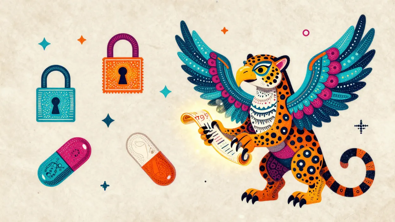 Alebrije creature holding a prescription scroll with colorful digital security symbols.