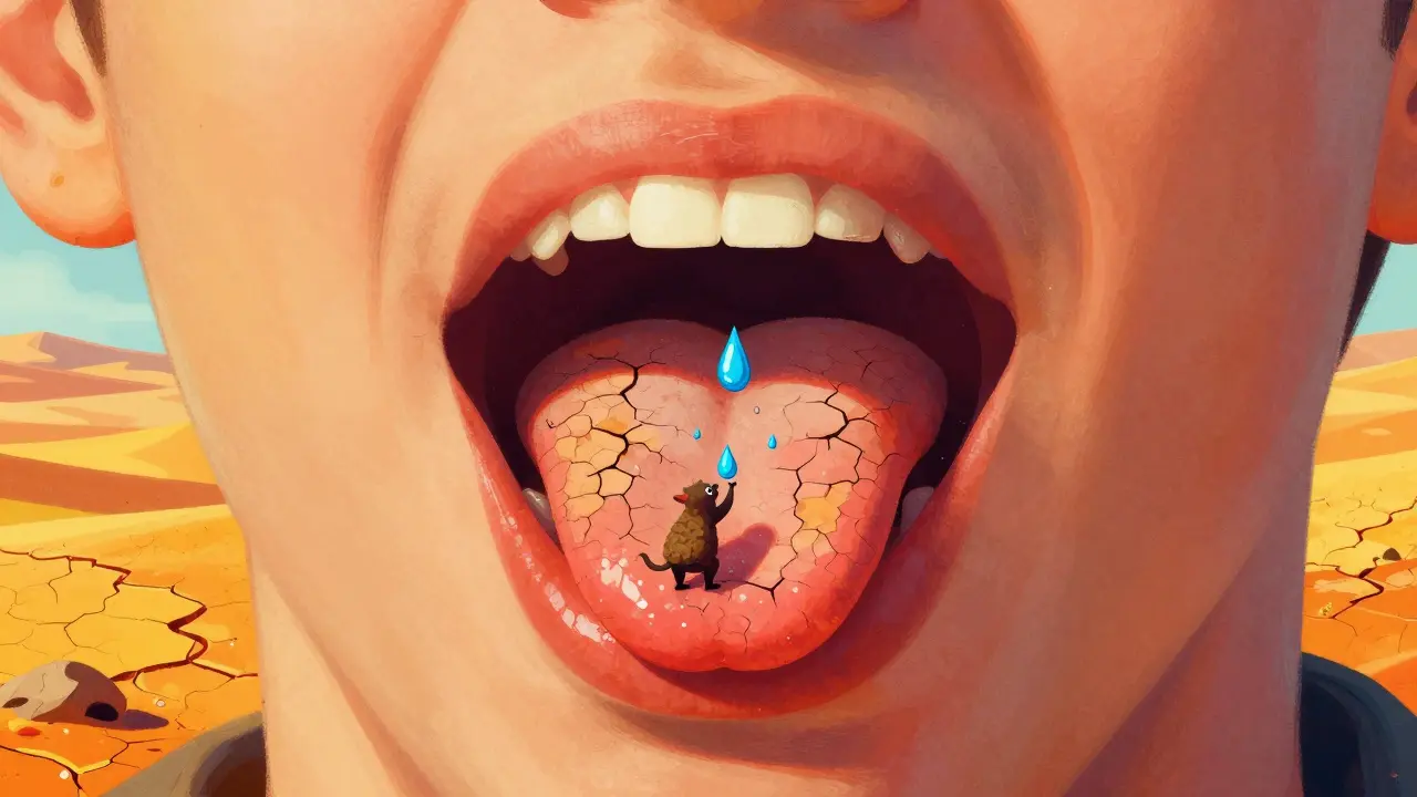 Alebrije illustration of a mouth as a colorful cracked desert representing severe dry mouth.