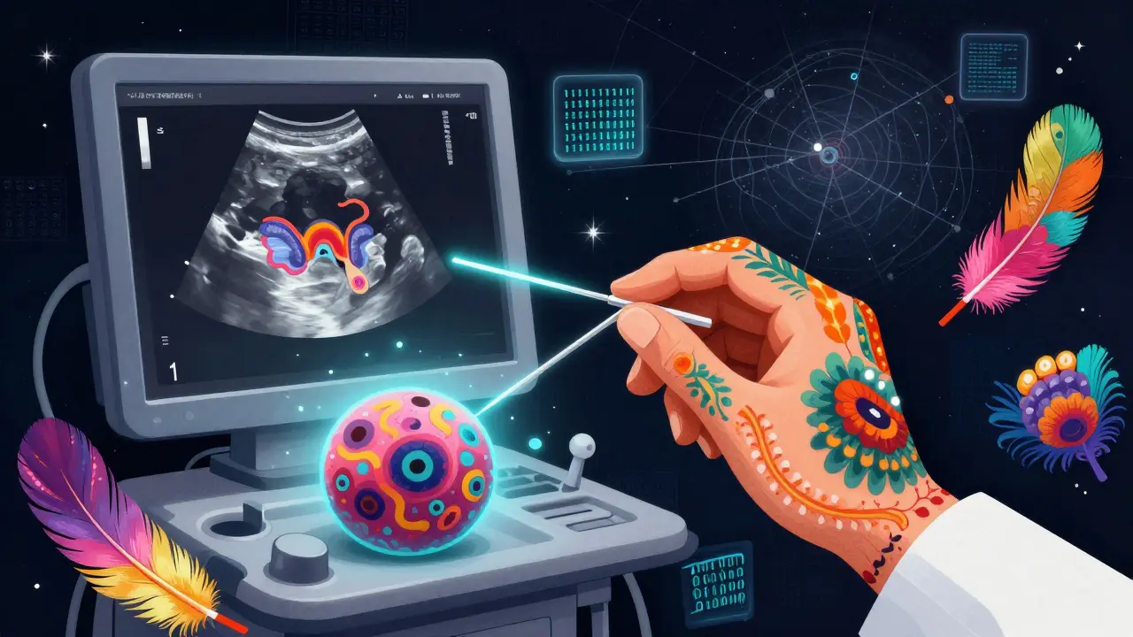 Alebrije style illustration of a guided biopsy needle and AI data elements around a thyroid