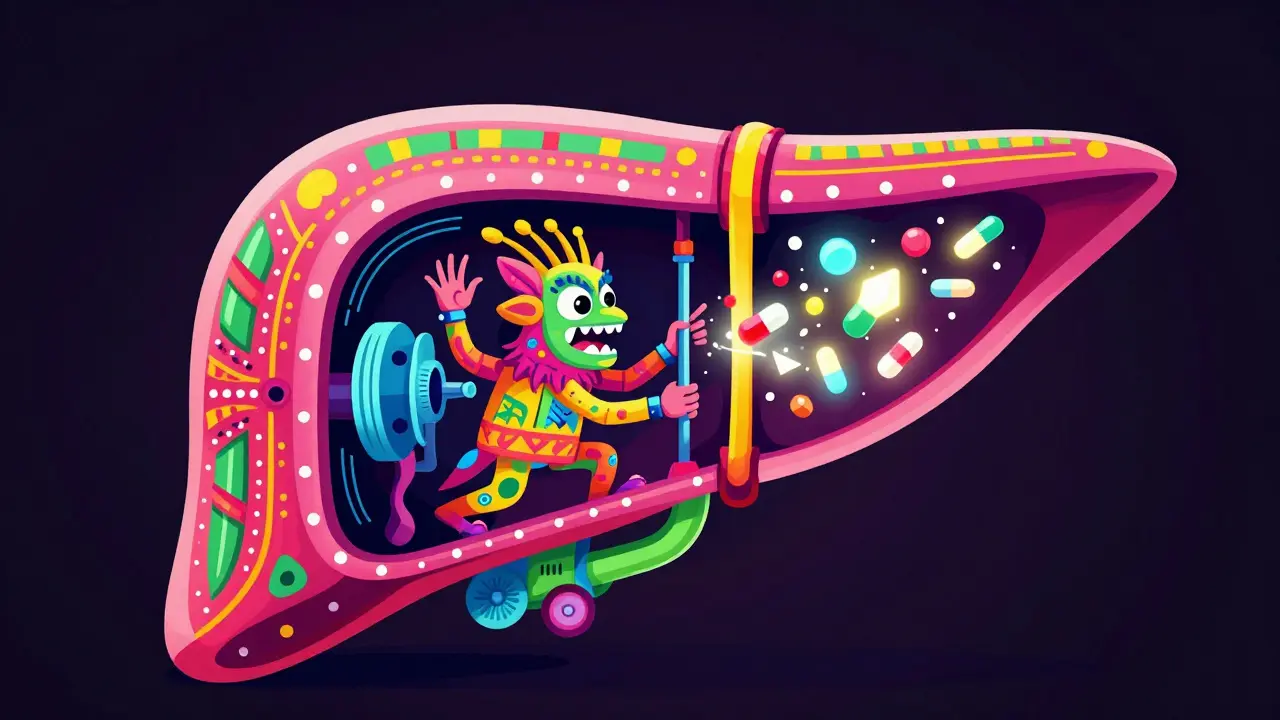 Fantastical Alebrije liver acting as a colorful biological shredder breaking down glowing medicine shapes.