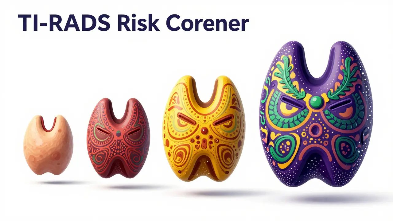 Five stylized Alebrije thyroid nodules showing different shapes and patterns from benign to suspicious