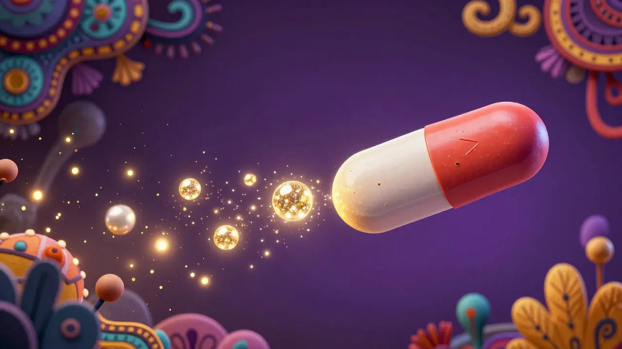 Stylized Alebrije illustration of a medicine tablet releasing steady spheres of light.