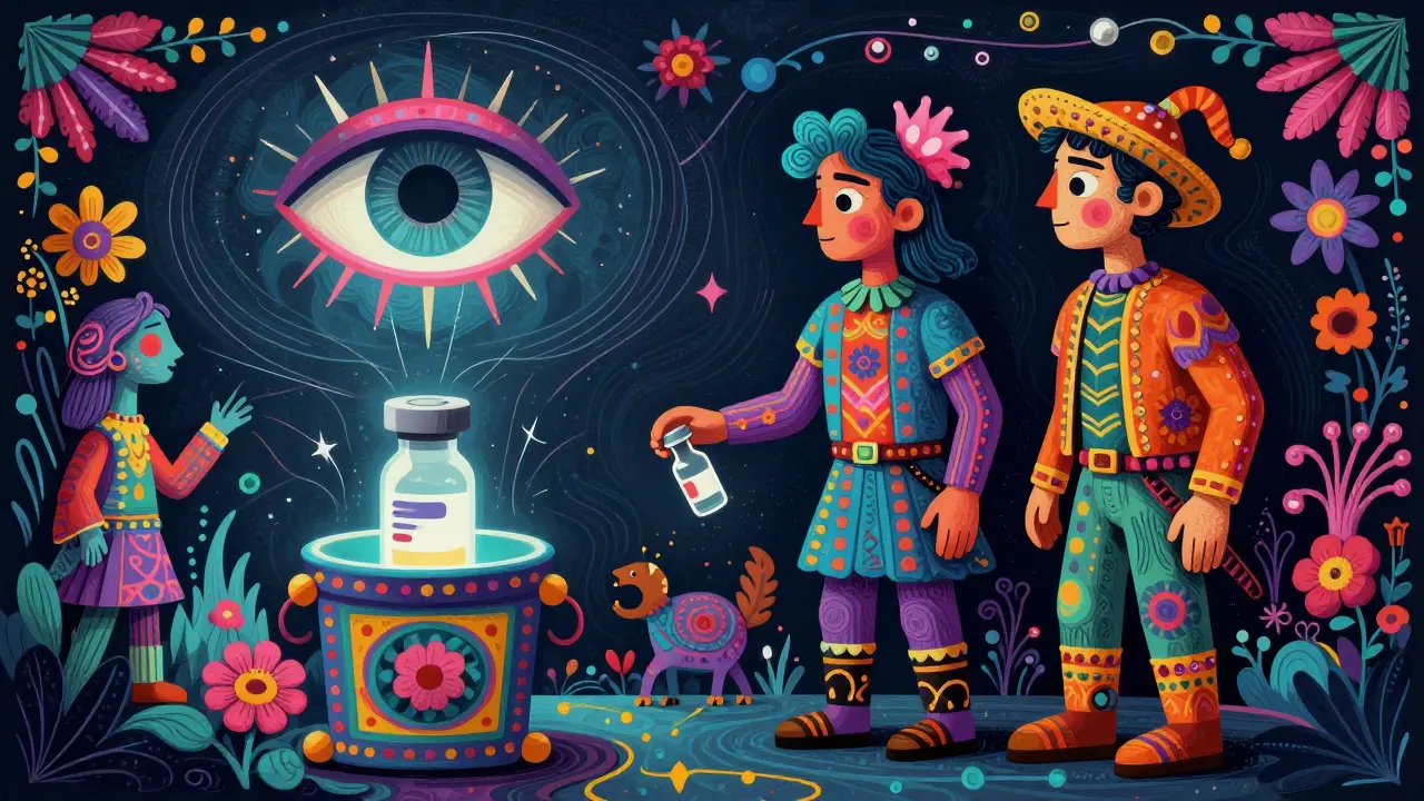 Surreal Alebrije art showing two healthcare professionals witnessing the disposal of a medication vial.