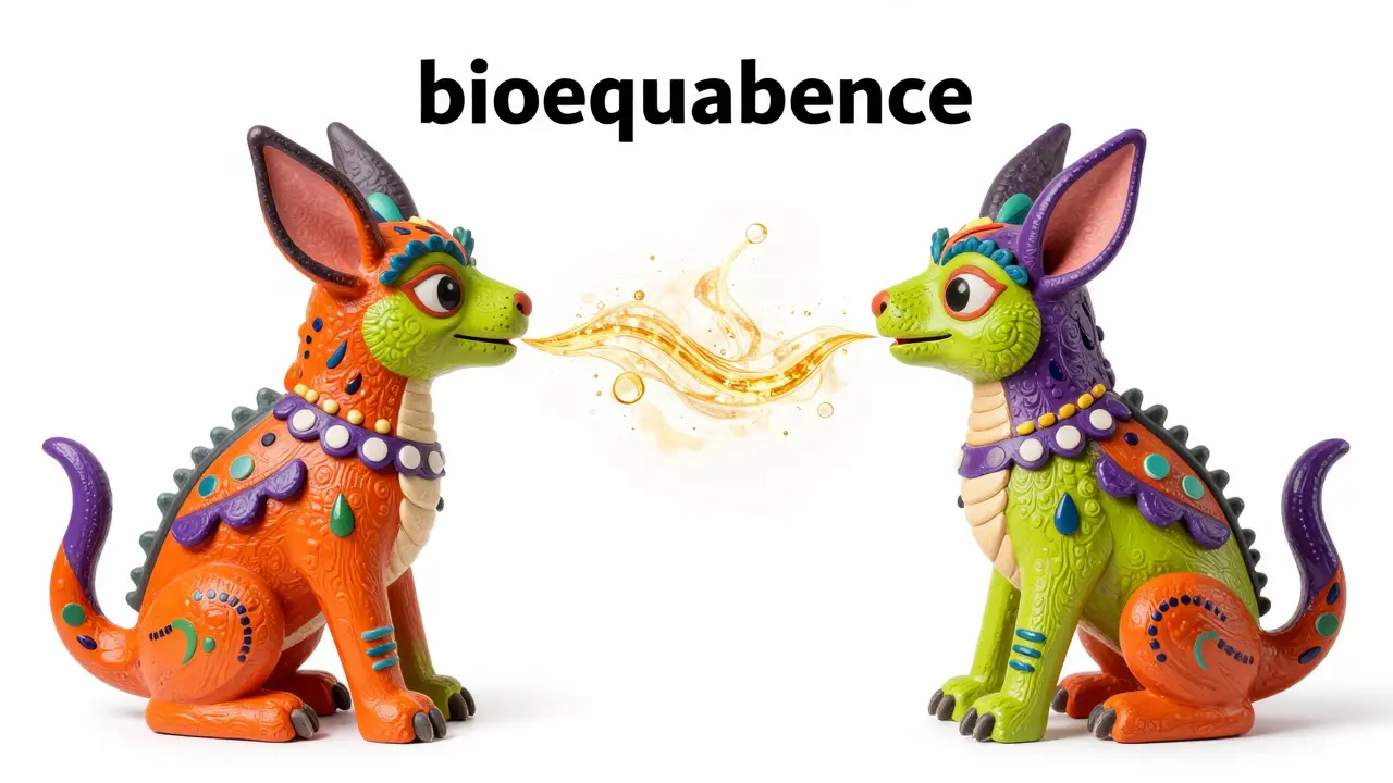 Two symmetrical Alebrije creatures representing the equivalence of brand and generic drugs.