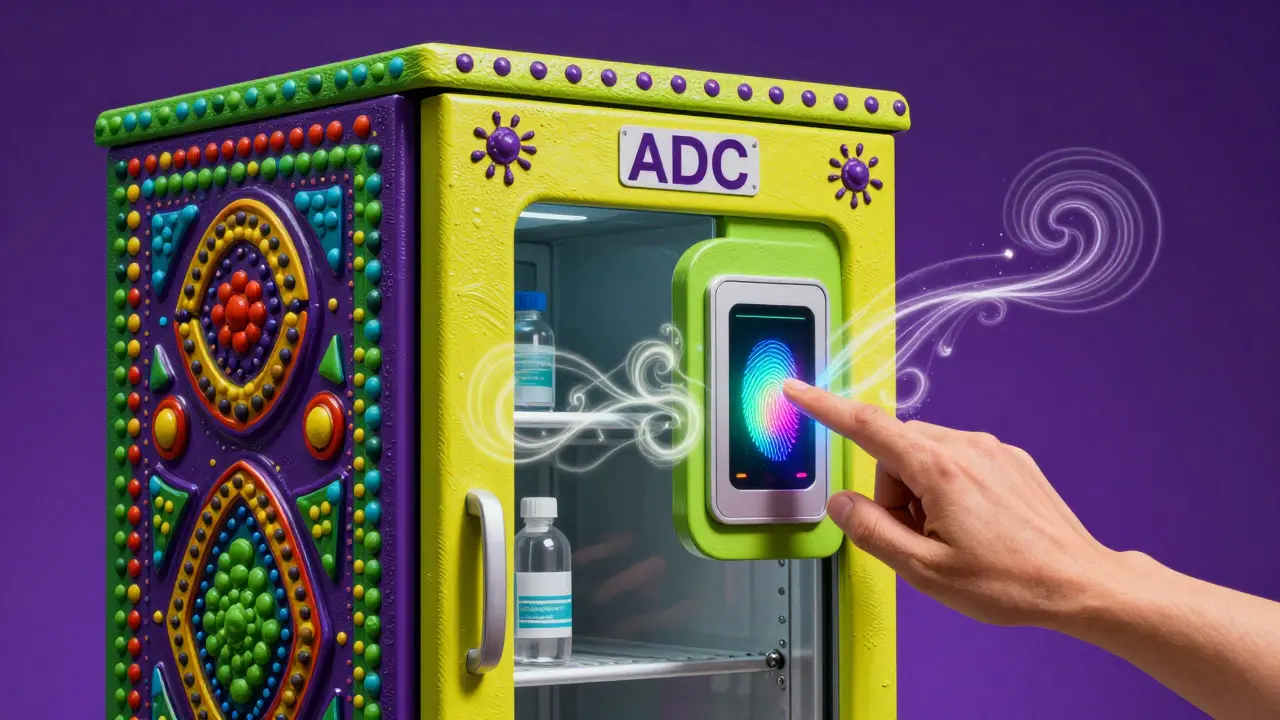 Vibrant Alebrije style illustration of a biometric scan on an automated dispensing cabinet.