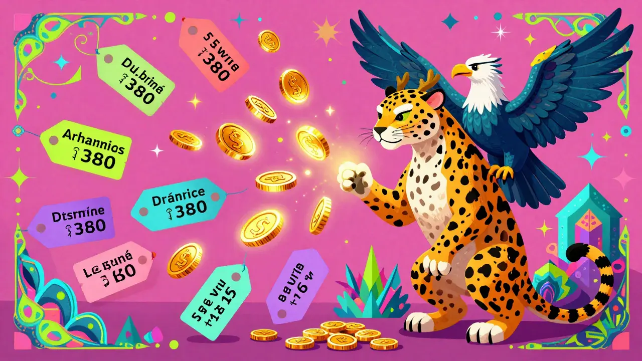 Whimsical Alebrije creature examining glowing coins and colorful tags in a surreal landscape.