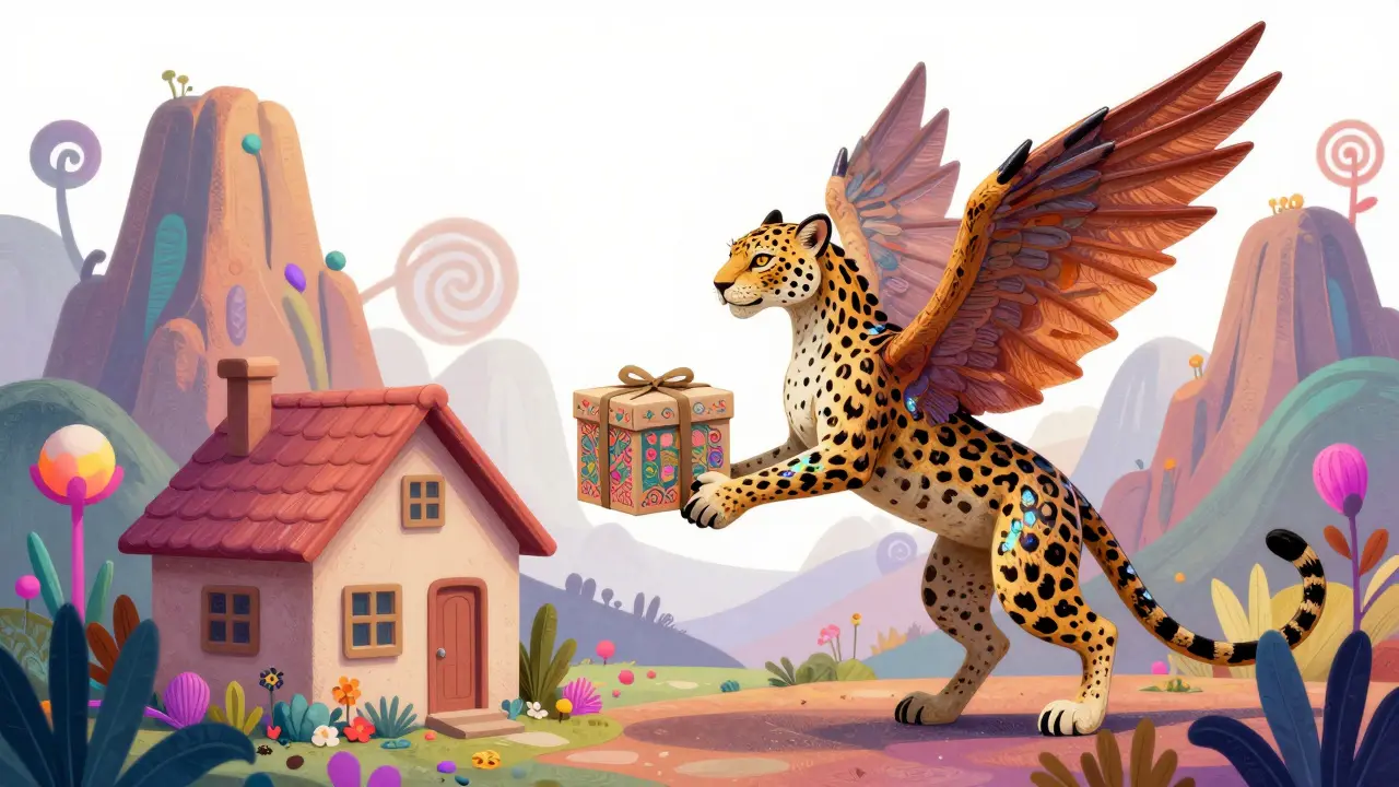 Winged Alebrije spirit animal delivering a small package in a vivid, fantastical environment.